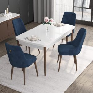 Concept Noa Serisi, 80X132 Açılabilir Mdf Masa, Beyaz Masa Ceviz Ayak Masa Takımı, 4 Sandalye