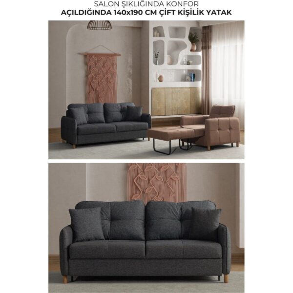 Nehir Ikili Kanepe Açılır Yataklı Çift Kişilik Yatağa Dönüşen Loveseat Kırlentli Antrasit