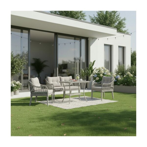 Kaş 2+1+1+Sehpa Bahçe Balkon Mobilyası,Gri Kumaş / Gri Rattan